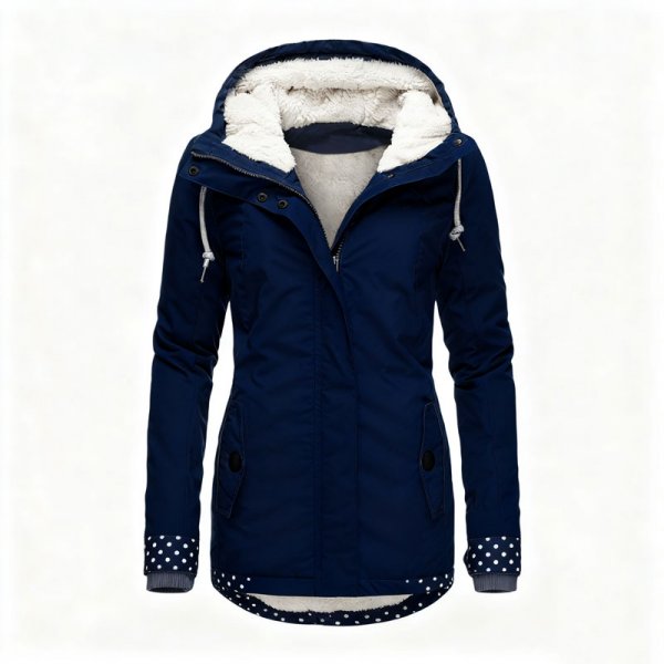 Women's Navy Blue Polka Dot Trim Fleece-Lined Hooded Jacket