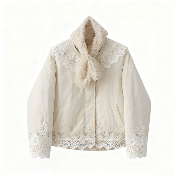 Women's Elegant Lace Trim Cream Quilted Jacket with Faux Fur Collar