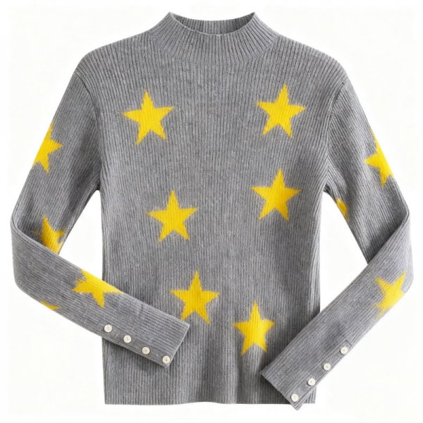 Women's Gray Ribbed Turtleneck Sweater with Yellow Star Print