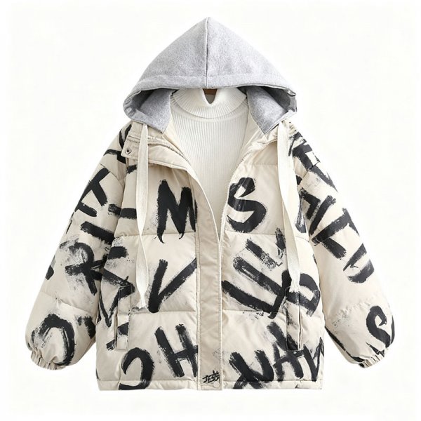 Women's Streetwear Graffiti Letter Print Contrast Hood Puffer Jacket