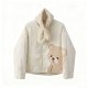 Women's Cute Bear Print Cream Quilted Jacket with Faux Fur Collar