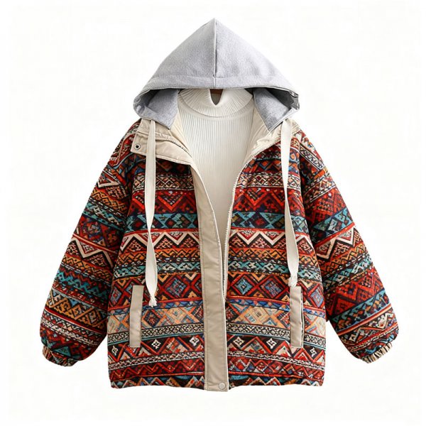 Women's Bohemian Ethnic Geometric Print Contrast Hood Puffer Jacket
