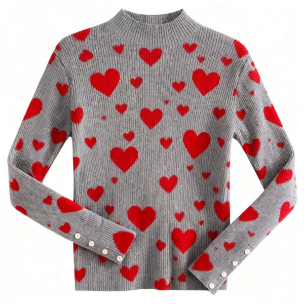 Women's Gray Ribbed Turtleneck Sweater with All-Over Red Heart Print