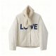 Women's Cream Quilted Jacket with "LOVE" Letter Print & Faux Fur Collar