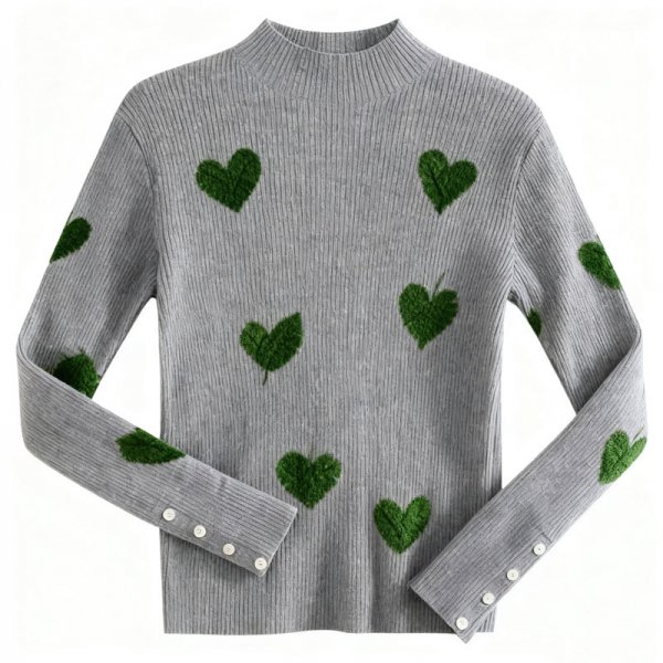 Women's Gray Ribbed Turtleneck Sweater with Green Leaf-Heart Print
