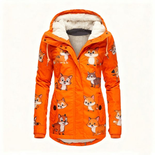 Women's Orange Cute Fox Print Fleece-Lined Hooded Jacket