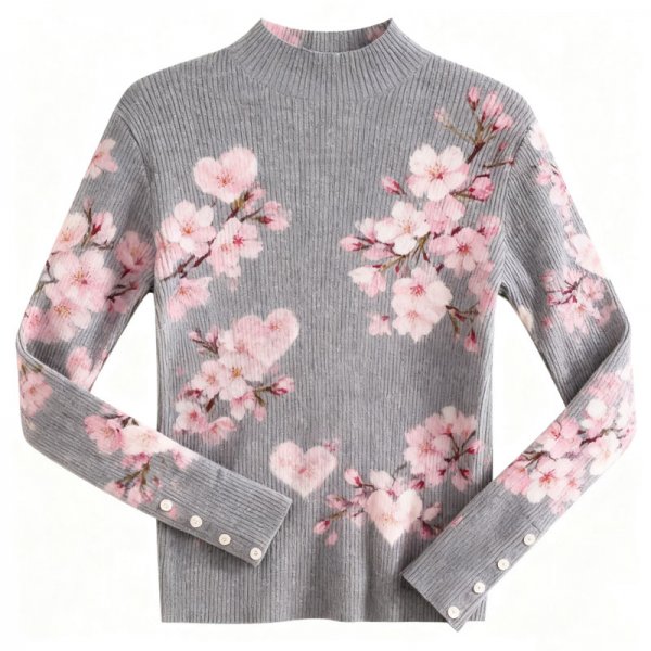Women's Gray Ribbed Turtleneck Sweater with Cherry Blossom & Heart Print