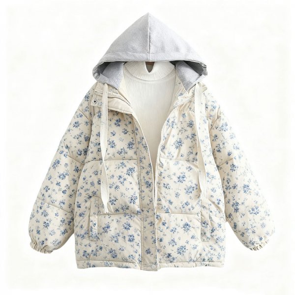Women's Dainty Blue Floral Print Contrast Hood Puffer Jacket