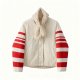 Women's Cream Quilted Jacket with Red & White Stripe Sleeve Detail